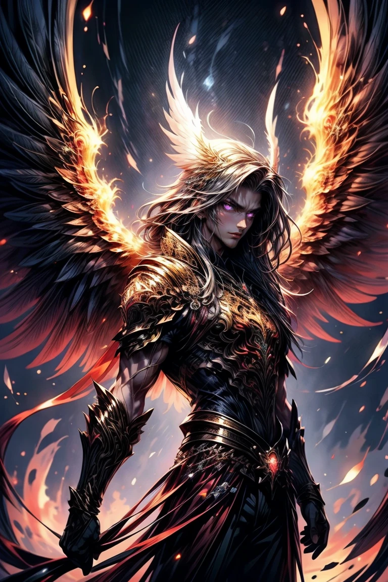 Masterpiece, best quality, high resolution, unified 16k wallpapers, uhd, DSLR, clean, highly detailed, 1 male ( a male ) a man, ****ung man, handsome face, good looking face,  very long white flowing hair ( light in the hair ), bright purple eyes ( glowing eyes), large angel wings ( purple colored wings ), wings on fire ( purple colored flames ), glowing angelic being, inspired by a Phoenix warrior, cold expression ( cold look ), surrounded by the splendos of the earth, toned muscles and physique, wearing black pants, black hoodie and watch, pay attention to stunning details, cinematic, and achieve a resolution of 128k, floating holding a fantasy sword, with a majestic aura of authority, shadowverse style. 