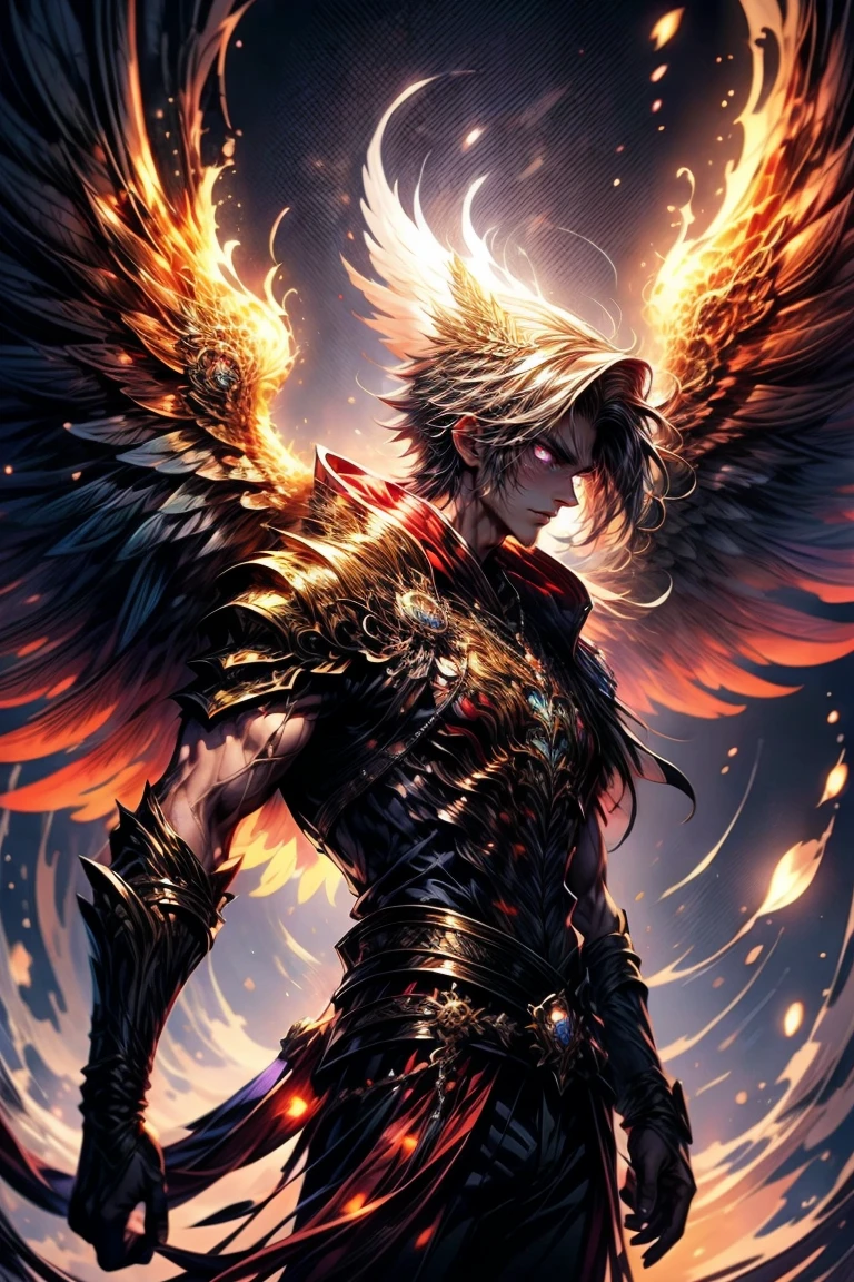 Masterpiece, best quality, high resolution, unified 16k wallpapers, uhd, DSLR, clean, highly detailed, 1 male ( a male ) a man, ****ung man, handsome face, good looking face,  very long white flowing hair ( light in the hair ), bright purple eyes ( glowing eyes), large angel wings ( purple colored wings ), wings on fire ( purple colored flames ), glowing angelic being, inspired by a Phoenix warrior, cold expression ( cold look ), surrounded by the splendos of the earth, toned muscles and physique, wearing black pants, black hoodie and watch, pay attention to stunning details, cinematic, and achieve a resolution of 128k, floating holding a fantasy sword, with a majestic aura of authority, shadowverse style. 