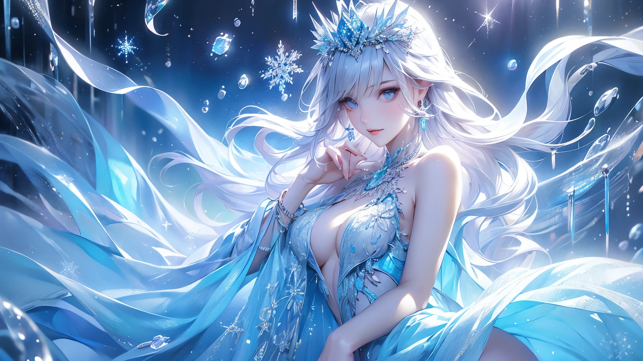(2/3 body photo:1.5)wood, Exquisite mini ice spikes and crystals, Frozen waterfall in the background, Light reflected by ice crystals, Flowing snowflakes.1 girl, Beautiful woman、pretty girl,A realistic person,Beautiful cleavage,((small breasts)),Thin legs、Curved waist、stand