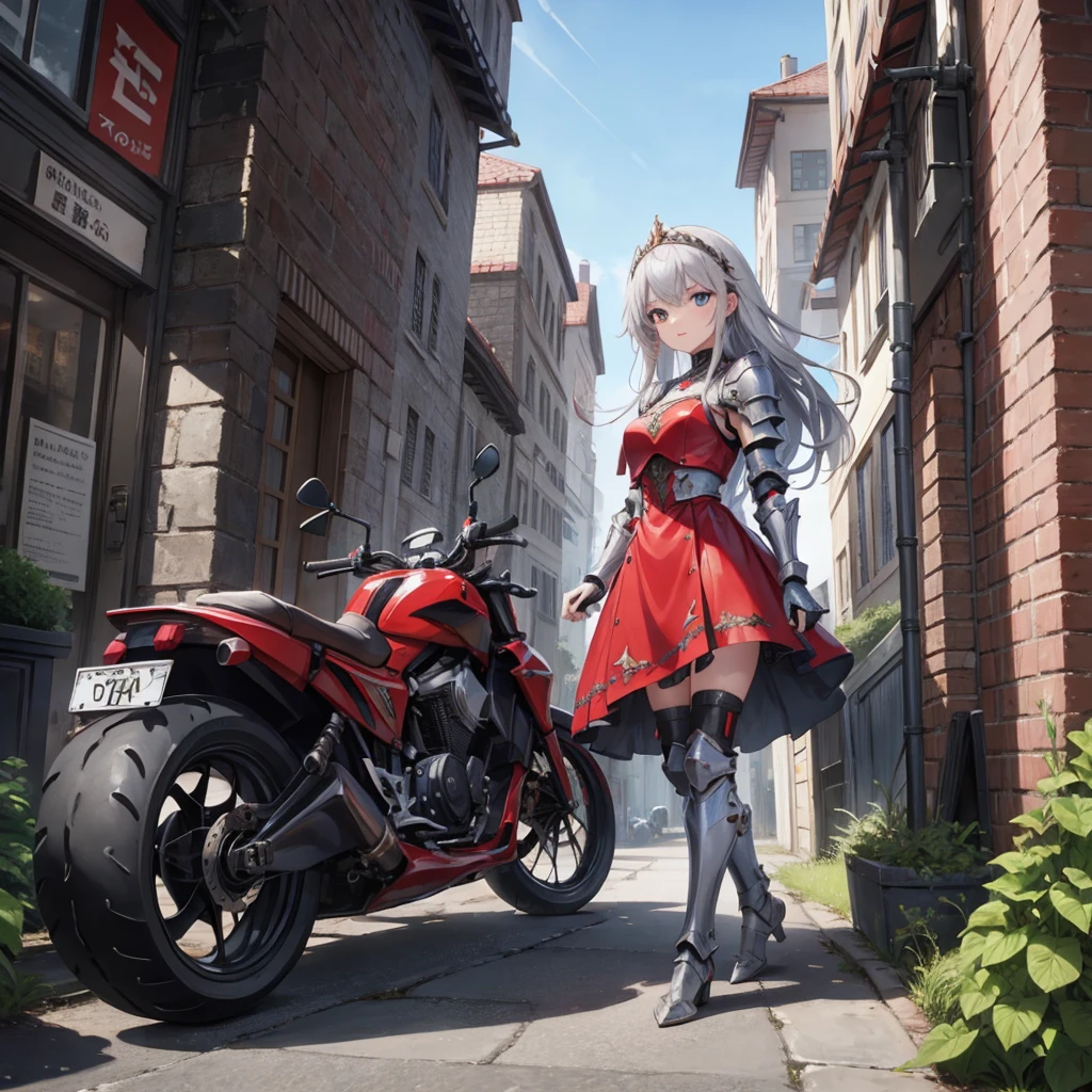 (masterpiece), Highest quality, Fantasy art, One girl, (alone:1.5), a female knight in red dress and metal armor with gold decoration Holding giant sword, Long Hair, Gray Hair, tiara, Glare, arms, sword, Holding_arms, riding on a cyberpunk style motorcycle, motorcycle, Ground vehicles, car, Cyber Cityの背景, ((Cyber City)),Speed Line, Bright colors,Dress in Armor、17277fbe68,dark,