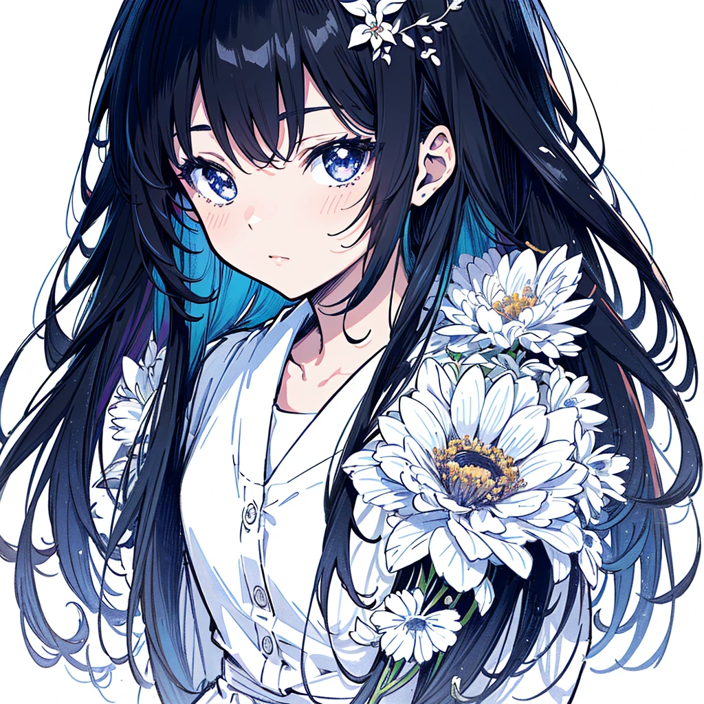 Top quality, super high resolution, one girl, colorful drawing of anime girl with long hair and flowers in hair, thick lines, detailed manga style, anime detailed portrait, black and white manga style, 5 , (young: 1.9),