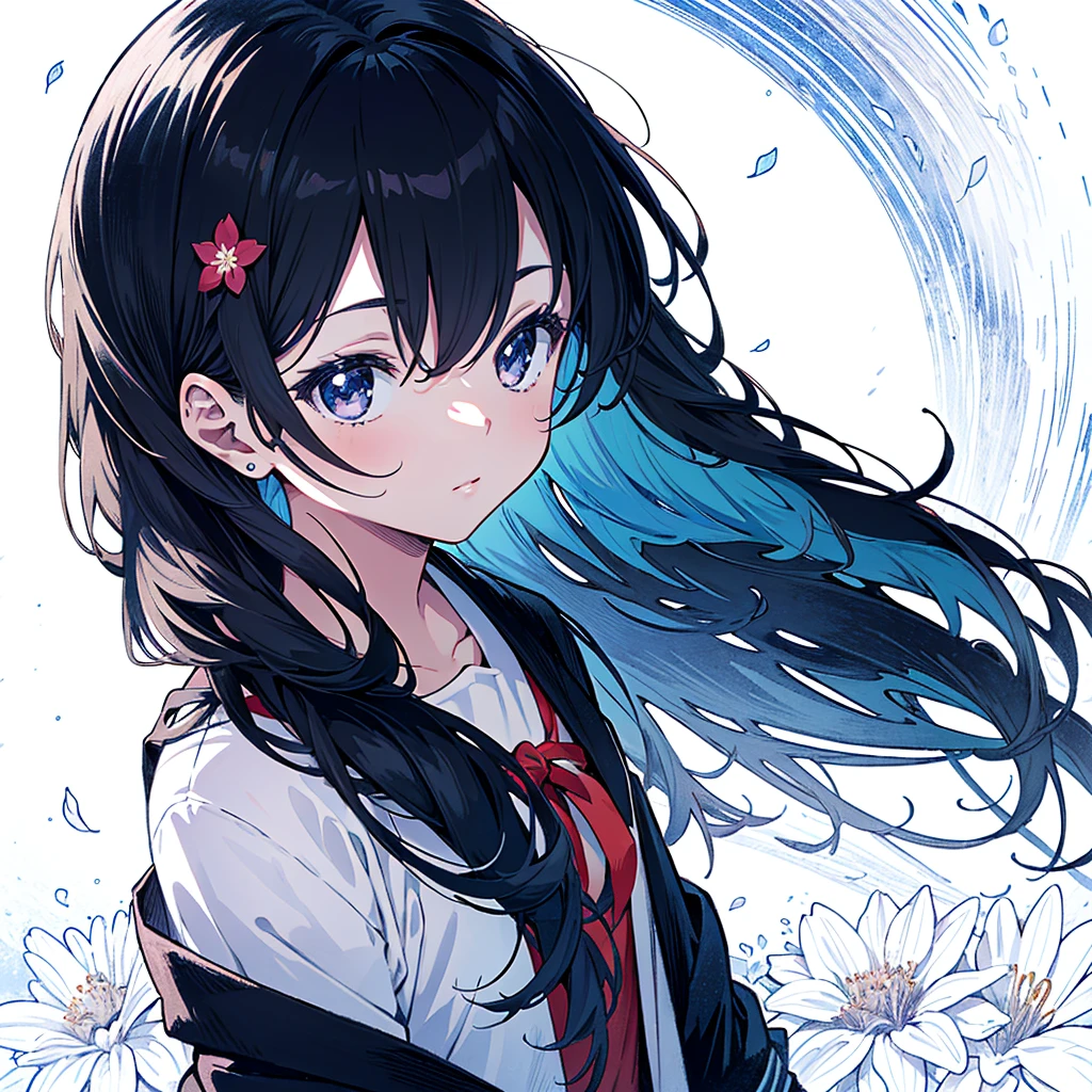 Top quality, super high resolution, one girl, colorful drawing of anime girl with long hair and flowers in hair, thick lines, detailed manga style, anime detailed portrait, black and white manga style, , (young: 1.9),