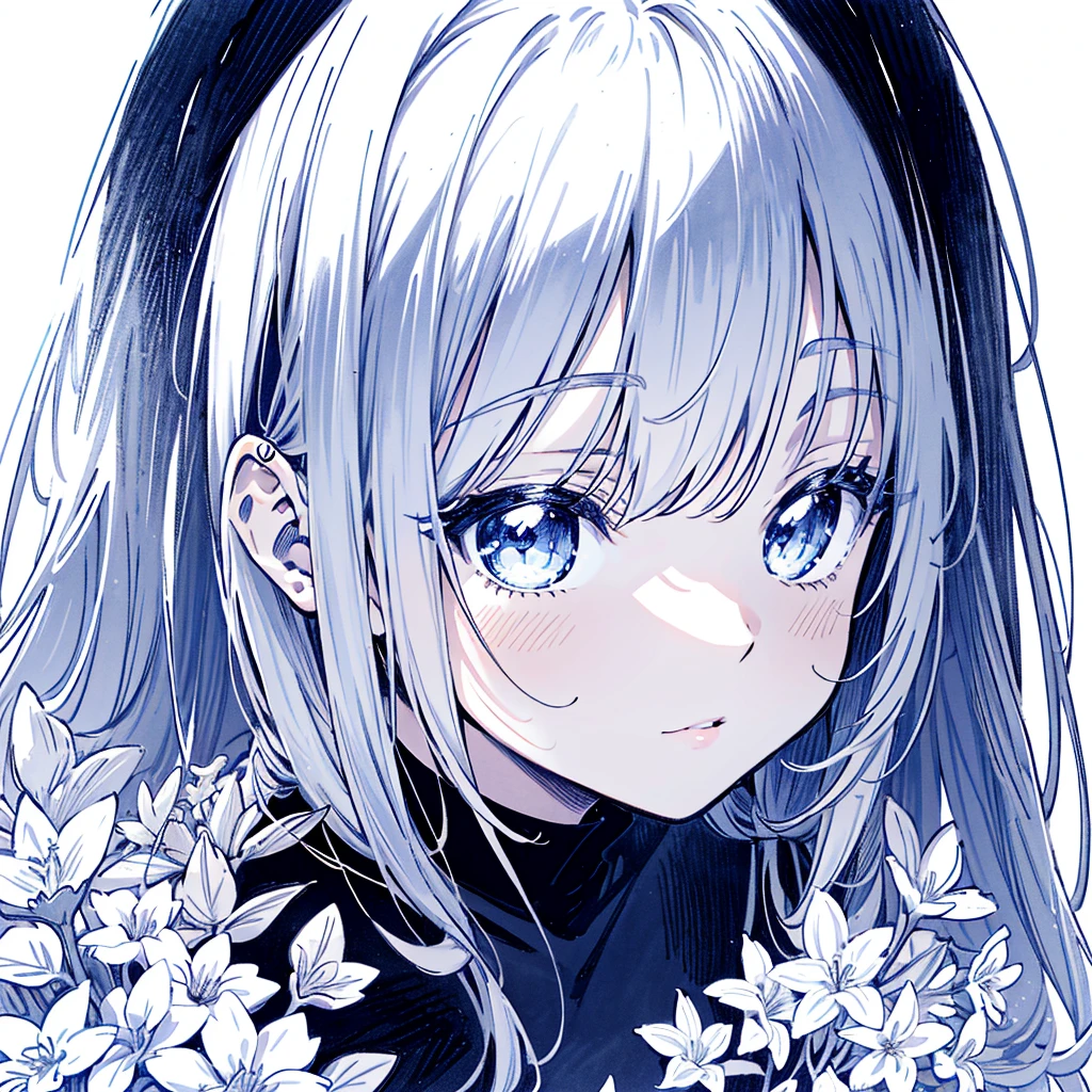 Top quality, super high resolution, one girl, colorful drawing of anime girl with long hair and flowers in hair, thick lines, detailed manga style, anime detailed portrait, black and white manga style, , (young: 1.9),