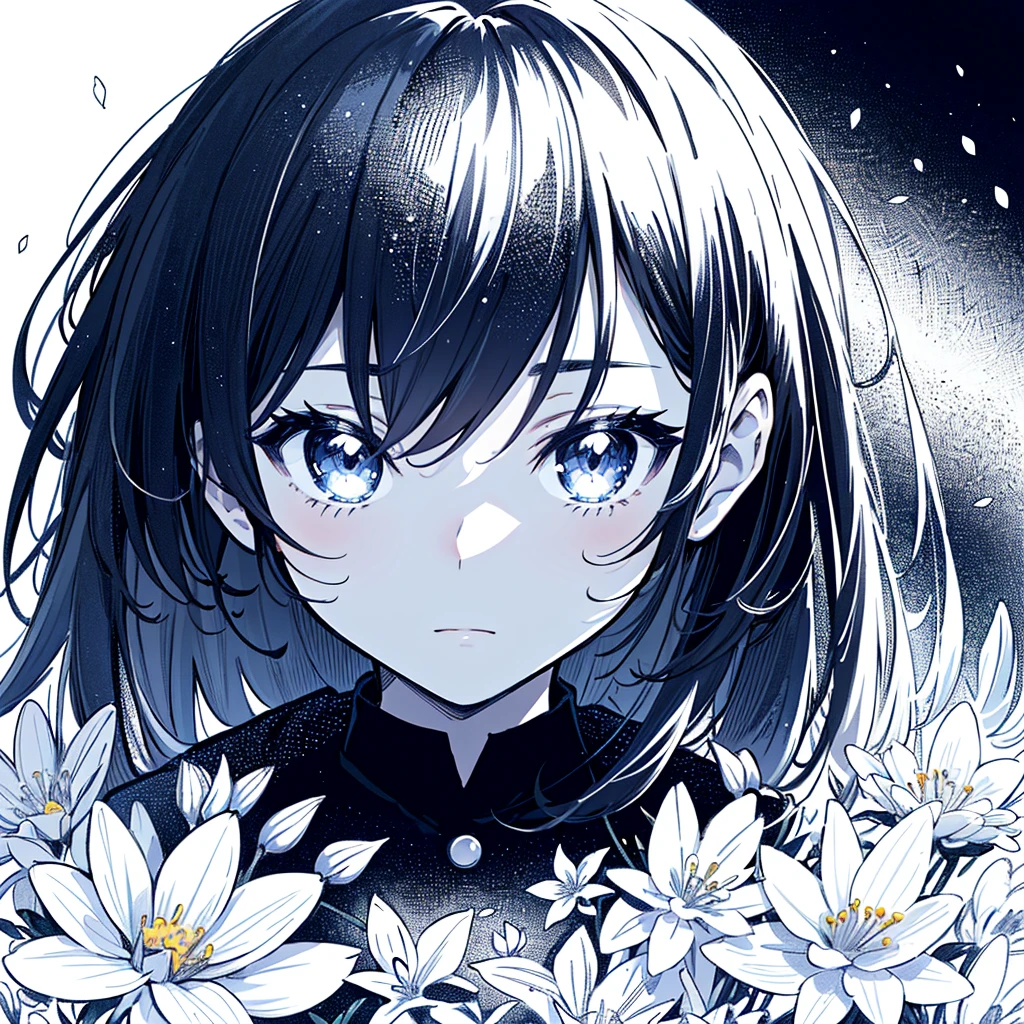 Top quality, super high resolution, one girl, colorful drawing of anime girl with long hair and flowers in hair, thick lines, detailed manga style, anime detailed portrait, black and white manga style, 5 years old, (young: 1.9),
