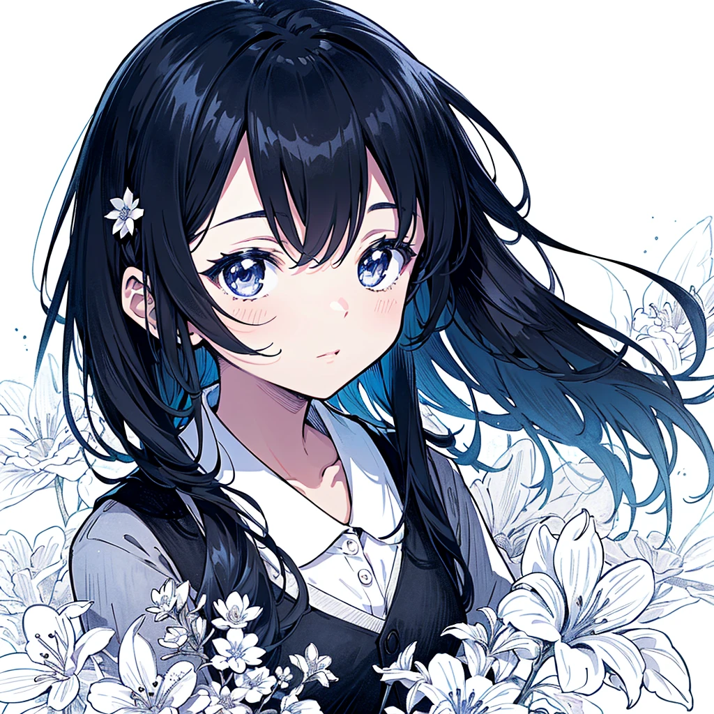 Top quality, super high resolution, one girl, colorful drawing of anime girl with long hair and flowers in hair, thick lines, detailed manga style, anime detailed portrait, black and white manga style, 5 years old, (young: 1.9),