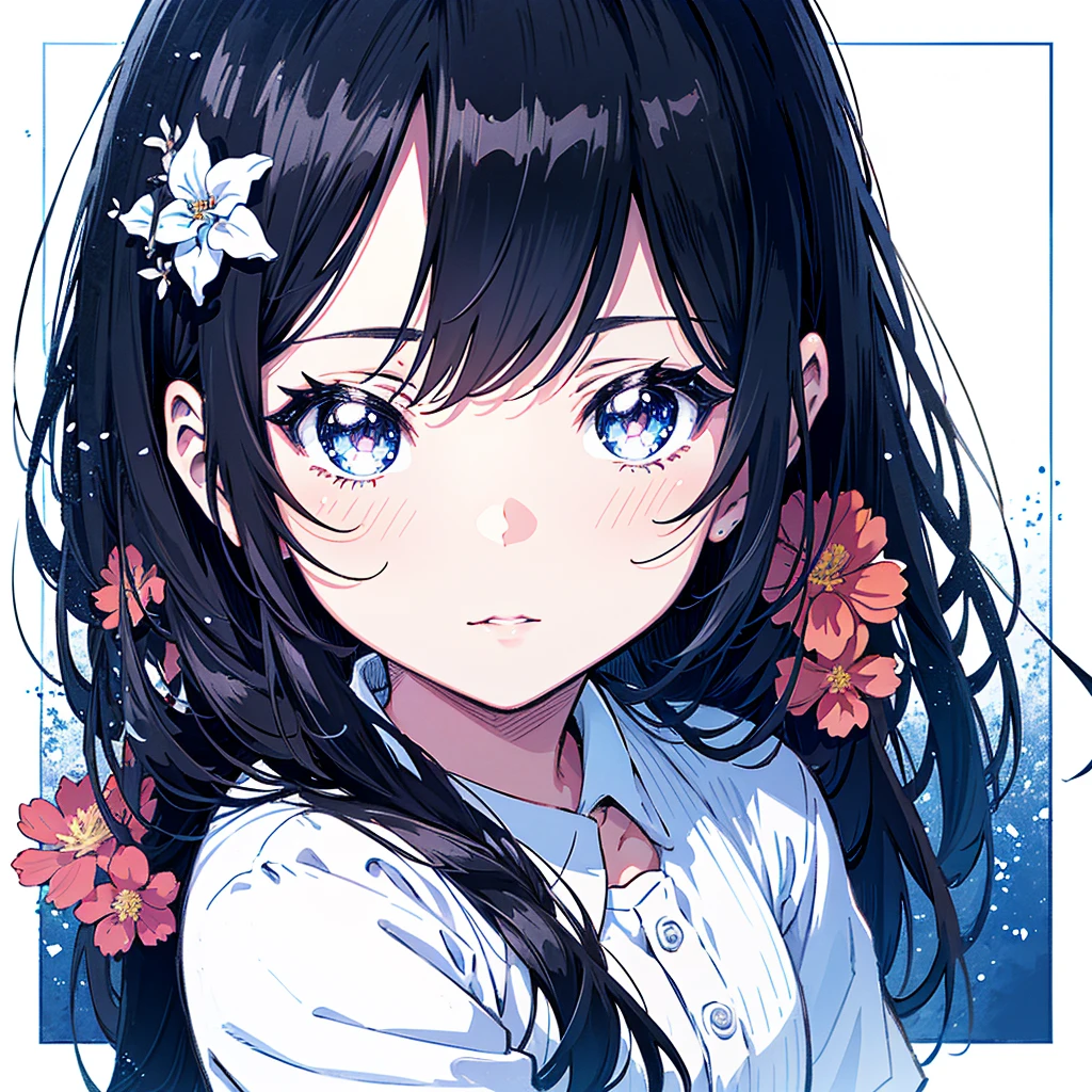 Top quality, super high resolution, one girl, colorful drawing of anime girl with long hair and flowers in hair, thick lines, detailed manga style, anime detailed portrait, black and white manga style, 5 , (young: 1.9),