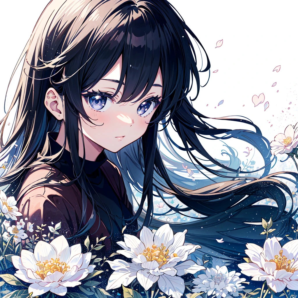 Top quality, super high resolution, one girl, colorful drawing of anime girl with long hair and flowers in hair, thick lines, detailed manga style, anime detailed portrait, black and white manga style, , (young: 1.9),