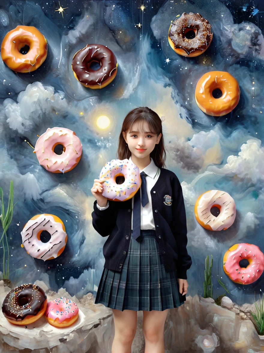 (masutepiece,Digital art,Digital illustration,8k,Super Fine,Beautiful images,Clear images,Photorealism,original photo,Perfect face,Perfect lines,Perfect eyes,Soft Lighting),1girl,(Light brown hair,High bun,Innocent expression,drooped eyebrows,droopy eyebrows,Droopy eyes,Cute big eyes,Natural makeup,Friendly smile,Rounded chin,Petite female:1.3),1boy,(Men wear,muscular,Broad and strong shoulders,Adult male,Boyish Hairstyle,British gentleman style,Cool Boy、A man with a big smile:1.2),(nervous,shy,sleepy,Awkward:1.2),Innocent smile,(Awkward,shy的微笑:1.1),充满灯光的Donut店,Donut,各种Donut,Uniforms,suit,Black plaid pleated skirt,Loose cardigan,Female high school student,(吃Donut:1.9),Couple,(microorganism,plant,Marine life,Exquisite eyes,Starry Sky,Stitching together an abstract painting,Describing the inner world of autistic people,Sense of space,White Space,interesting,Innocence,Psychedelic Art)