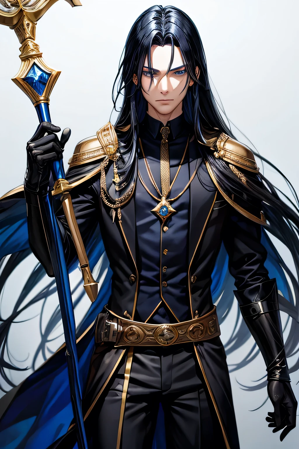 Blue and black hair,Long hair,male,Medieval Black Suit,Blue Eyes,Black Gloves,Scepter
