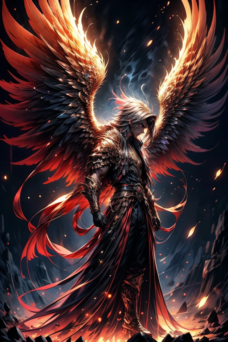 Masterpiece, best quality, high resolution, unified 16k wallpapers, uhd, DSLR, clean, highly detailed, 1 male ( a male ) a man, 1 young man, handsome face, good looking face,  very long white flowing hair ( light in the hair ), bright purple eyes ( glowing eyes), large angel wings ( purple colored wings ), wings on fire ( purple colored flames ), glowing angelic being, inspired by a Phoenix warrior, cold expression ( cold look ), surrounded by the splendos of the earth, toned muscles and physique, wearing black pants, black hoodie and watch, pay attention to stunning details, cinematic, and achieve a resolution of 128k, floating holding a fantasy sword, with a majestic aura of authority, dark fantasy style. Full body