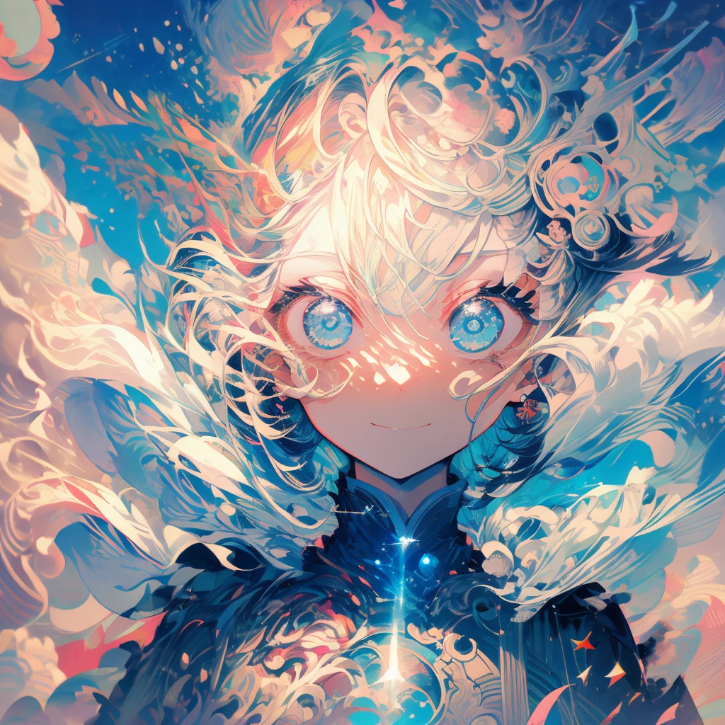 solitary, 1boy, boy,boy雕塑, best quality, Extremely detailed, Light, Intricate details, high resolution, Official Art, Delicate face and eyes, high resolution插图, 8K, dark, Strong shadows, Overexposure,((space)),boy, universe, Light blue hair, Gradient hair, White Dress, , Long Teng flowing sweatshirt long sleeve, Detailed clouds, Gradient sky, Light blue eyes, Blue sky, Smile, Upper Body,boyboy