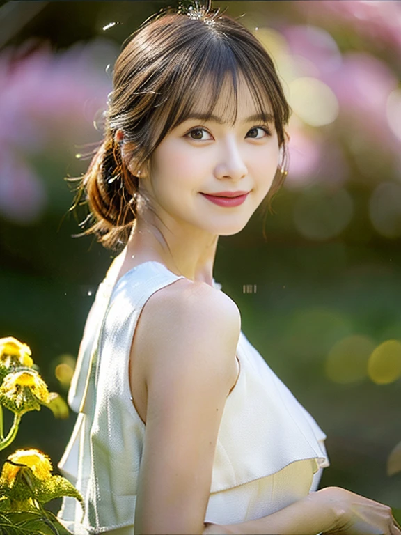 (masterpiece, best quality), outstanding details, ultra-high resolution,
anatomically correct, wide shot, atmospheric perspective,
1 Japanese woman, 30 years old, cute face,
cowboy shot, (Walking pose), (holding a sunflower, reaching out),
(Plump:1.2, small ),
Happy smile, Mouth slightly open, looking at viewer, animated expression,
round face, tareme, Downturned Eyes, pupils sparkling, small nose, thin lips, thin eyebrows,
brown hair, low ponytail, short hair, swept bangs,
(wearing a shoulderless white elegance dress, The material of the dress is thin, transparent, and smooth),
(background: Serene riverside with blossoming wildflowers at the forest)
depth of field, backlighting, cinematic lighting, reflection light, dreamy atmosphere,