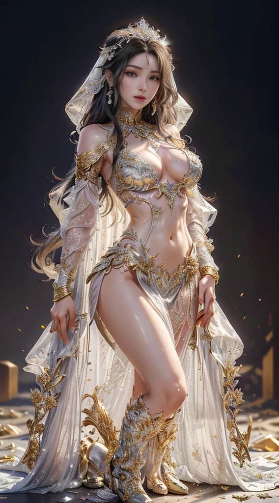 A woman wearing a transparent dress,Beautiful eyes, slender thighs,(((,The brea very large., bare chest,The cracks are quite large.))),Slender waist,(bare waist), long gray hair, micro curly hair, Very detailed details,high end art station, rainstorm website, Detailed fantasy art, Amazing character art, Beautiful and beautiful character art, Beautiful gold and silver armor, The content is very detailed., Girl in a glittery dress, Beautiful headdresses and accessories,Filigree crystal jewelry, galaxy, Amazing pictures, (dynamic lines, Track light:1.2), Lively with color,8ก,quality,ตัวwetมาก,shiny skin,wet,Thai dance costume