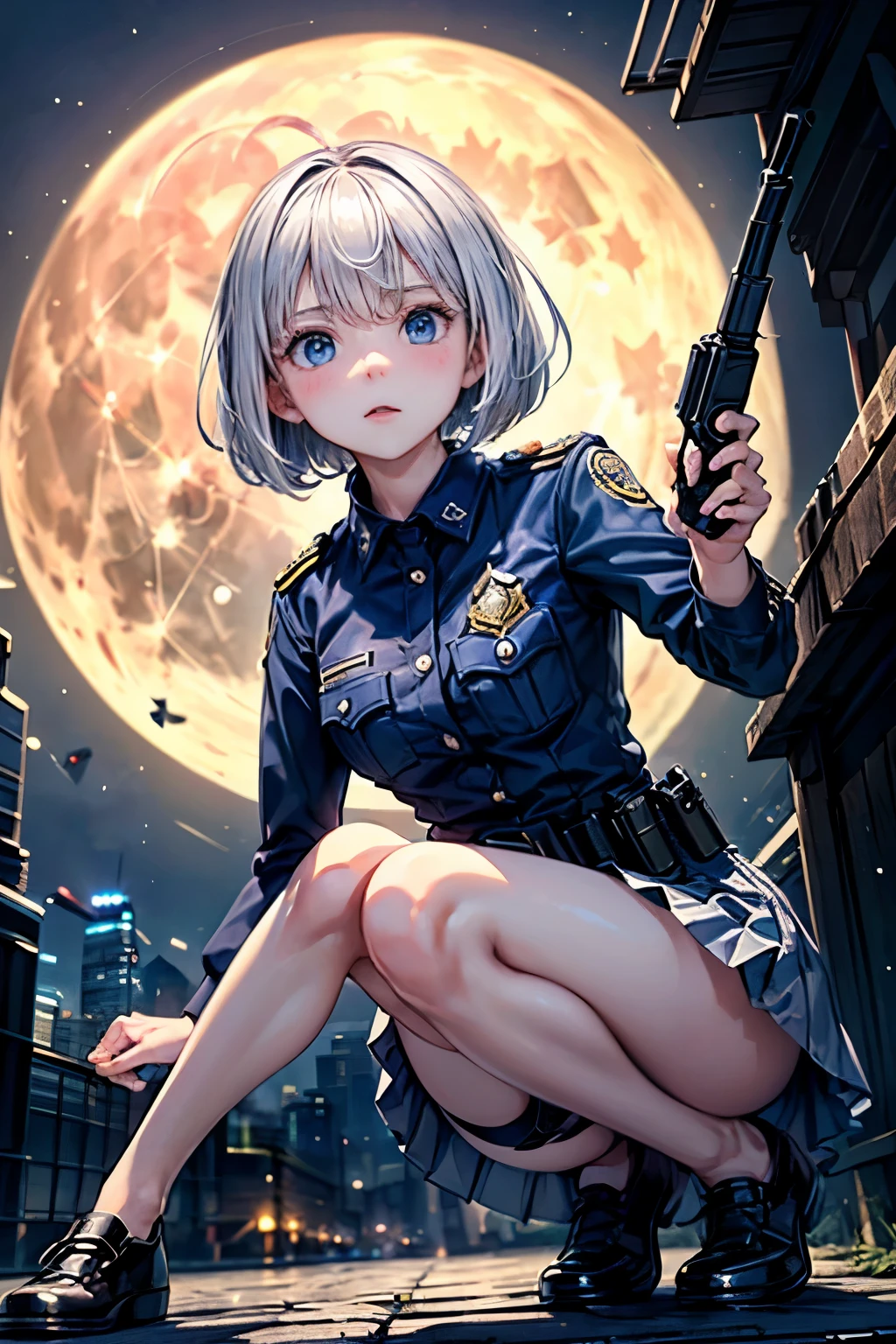  (8K, 4K, Best Quality, High Resolution: 1.2) ,1 girl, megami magazine, white hair, short hair, blue eyes
,(RAW quality:1.4), Highest quality, Great quality, 16K, Unbelievably absurd, Very detailed, delicate and dynamic, software, Natural light, Particles reflect color, Diffuse reflection of light, Vortex of Light, Hudson River, new york, Night view, Create amazing image effects,  skirt, (Cute sexy girl, Pursue the perpetrator, Intense movement, Vibrant, hot, , , , pistol, white hair, Police uniform), Full body photo, (Shooting a gun in front of a big full moon:1.4), Speedy, Lots of bullets, Trajectory, skirt lift, red pantie