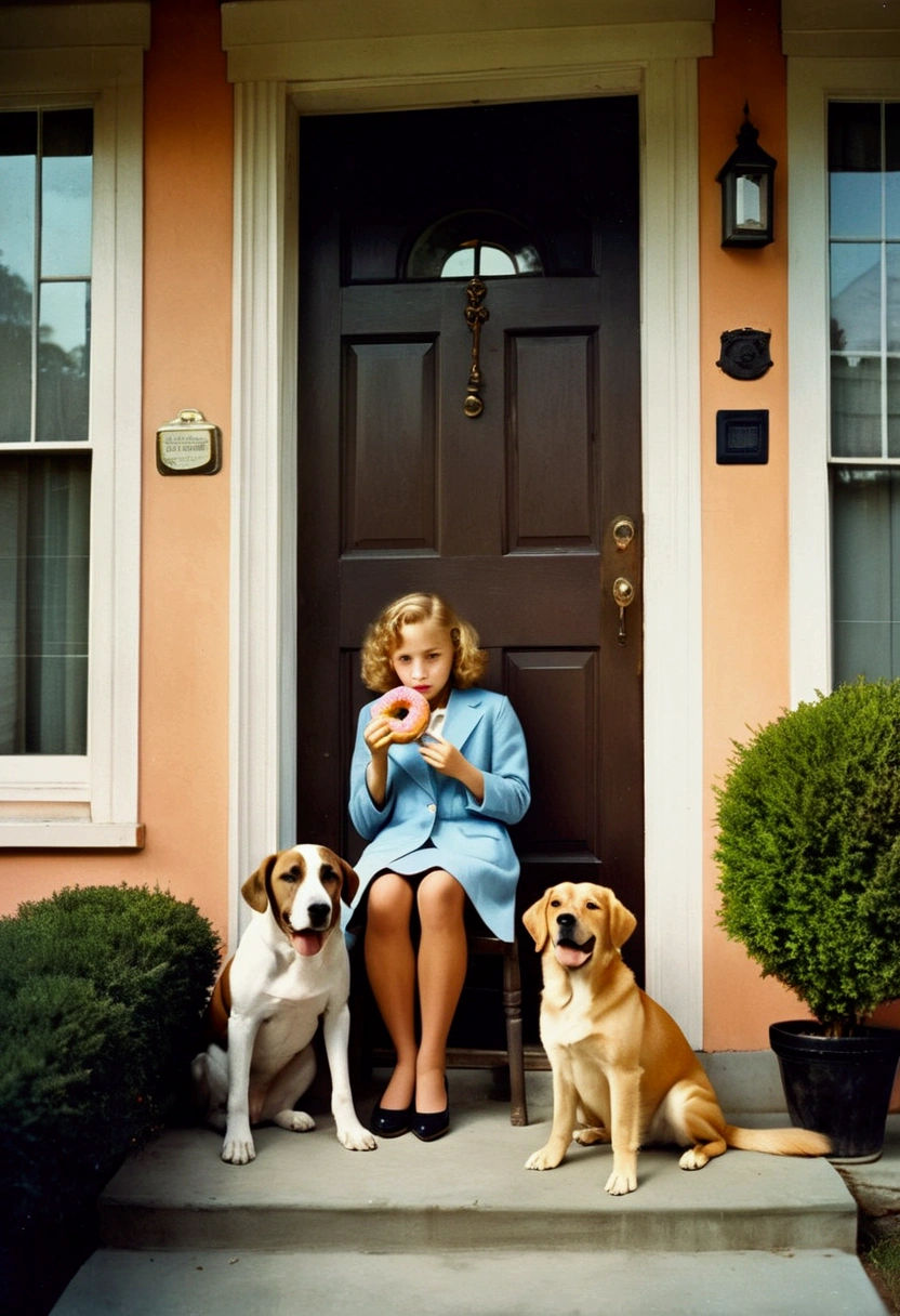 (girl Eating Donuts), in the style of the 30s, sit outside the door of house with a cute dog, in the style of instant film, llford HP5 Plus, color negative film, add noise, grain, full body, award-winning, cinematic still, emotional, vignette, dynamic, vivid, (masterpiece, best quality, photorealistic, Professional, perfect composition, very aesthetic, absurdres, ultra-detailed, intricate details:1.3)