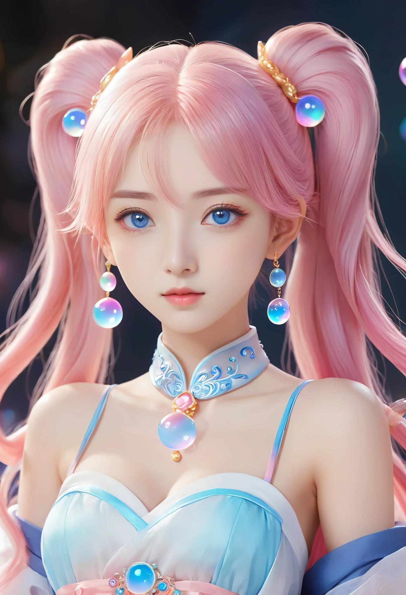 (masterpiece)， (best quality)， (Very detailed)， (illustration)， (1 girl) (Long pink hair 1.5) (blue eyes) (Twintails 2.0)， (((No shoulder)))，Hanfu， (Looking at the audience， (interview)， (Simple background)， Beautiful and delicate eyes， Delicate and beautiful face， spiked (High Saturation)， (Colorful flash)， Colorful bubbles， (flash)， Facial highlights， PerfectNwsjMajic， Conservative clothing， No shoulder， Autumn clothing， For the masses， Perfect body,