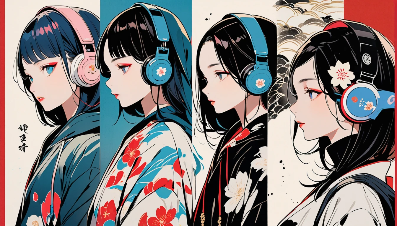 (((Ink Painting))), Fashion portrait color photos, (((1 person))), (((Flashy makeup))), (((Japanese style headphones))), (((Japanese pattern hoodie))), (((Put on the hood))), Japan人の美少女, Black Hair, Delicate and precise, Modern ukiyo-e style,Japan, Japanese flag, red and blue neon