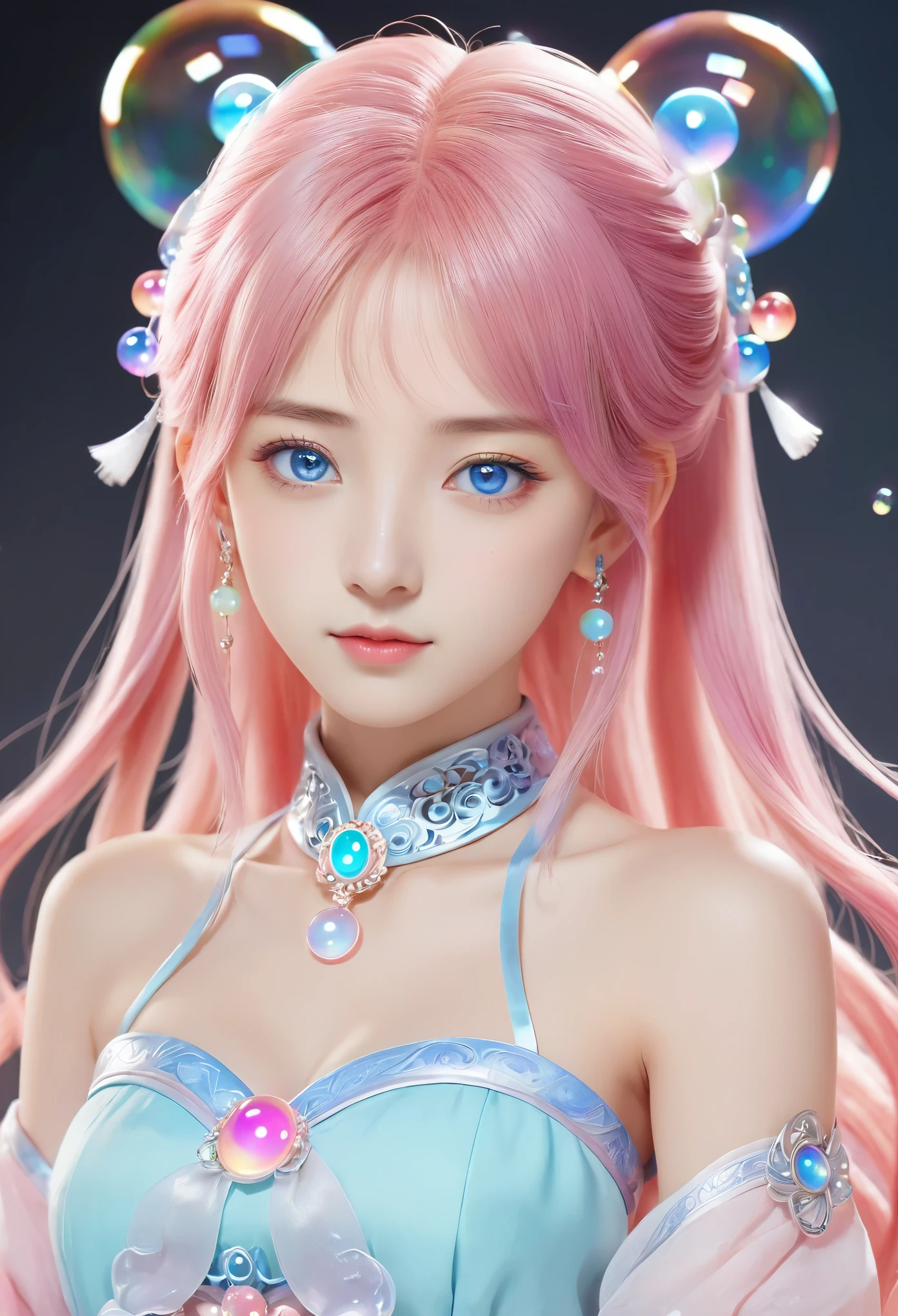 (masterpiece)， (best quality)， (Very detailed)， (illustration)， (1 girl) (Long pink hair 1.5) (blue eyes) (Twintails 2.0)， (((No shoulder)))，Hanfu， (Looking at the audience， (interview)， (Simple background)， Beautiful and delicate eyes， Delicate and beautiful face， spiked (High Saturation)， (Colorful flash)， Colorful bubbles， (flash)， Facial highlights， PerfectNwsjMajic， Conservative clothing， No shoulder， Autumn clothing， For the masses， Perfect body,