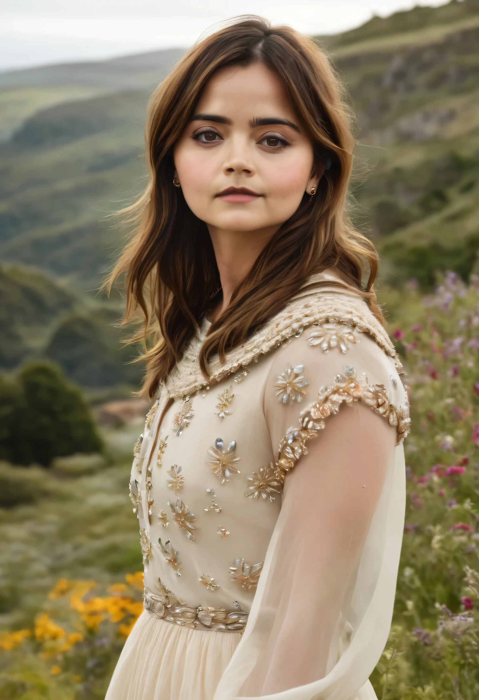 A beautiful woman with brown hair, make-up, scenery vegetation, bright sunny, wearing a white dress with some jewelry , rosto lindo , Jenna Coleman 