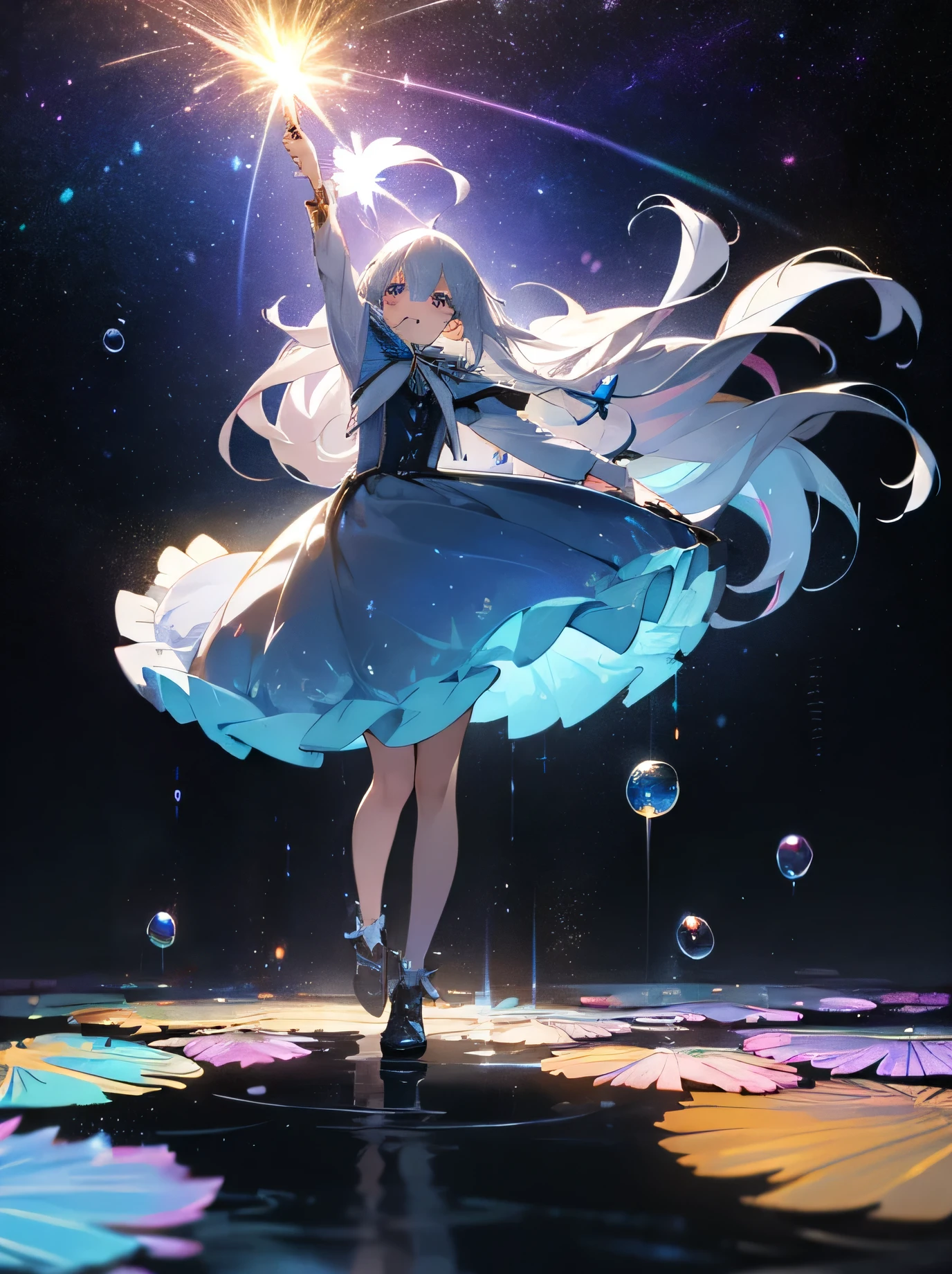 kawaii, anime, Cute, hyper quality, highly detailed, 8k, Clarity, Draw facial expressions in detail, long silver hair woman, mysterious, Beautifully depict the eyes, highlight on eyes, shed tears, clarify shadows, Feathers dance, full of light, Rainbow colored light in your eyes, Make the background stand out, draw the whole body, light pours from heaven, make light and darkness clear, european style, Clarify the contrast between light and shadow, Make the contrast of color saturation clear, starry sky, strengthen contrast, turning around, Improve the depiction of eyes, pull point, Draw water droplets realistically, fireworks on the background, Soap bubble, iris, Uplifting, eye color is blue, Draw the perspective and draw the whole body, 	