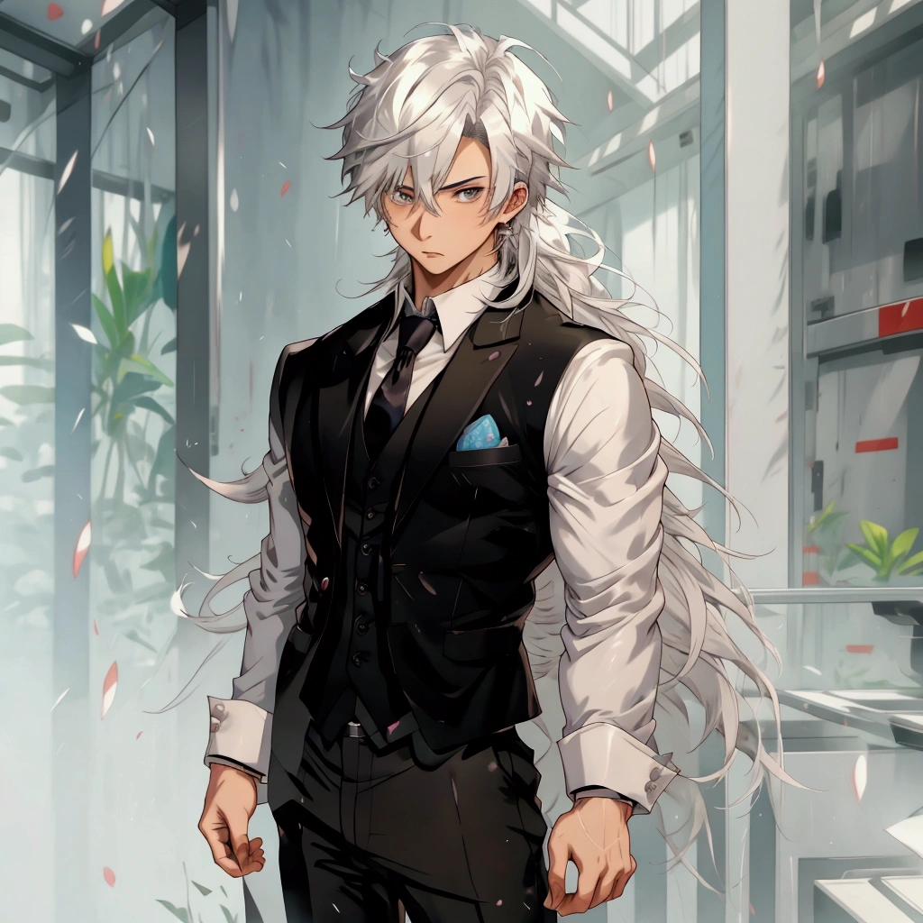 Anime character with white hair and a black vest and tie, Attractive androgynous humanoid, Smooth anime CG art, A delicate androgynous prince, Gray-haired, Realistic , Wearing a strict business suit, Anime VTuber Full Body Model, Male Anime Style, inspired by Okumura Togyu, Male Anime Characters, Young Anime Guy, Anime-style 3D