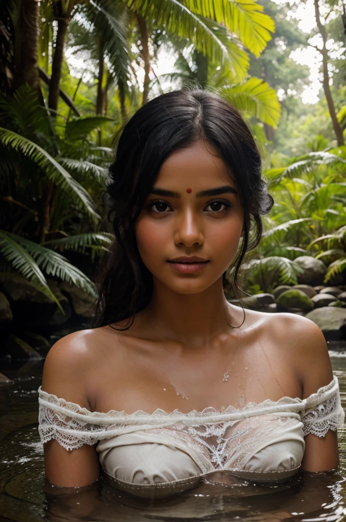 Best quality, masterpiece, super high resolution, a super indian girl spring in India outdoor hot spring, stone hot spring, surrounded by moss and trees, super beautiful face, pure body, clear pores visible, (smile:0.8), wearing split (lace bandeau:1.2), (realism:1.5), original photo, soaked body, covered in sweat, bare shoulders, in the dark, deep shadows, low-key, cold light and with his dog