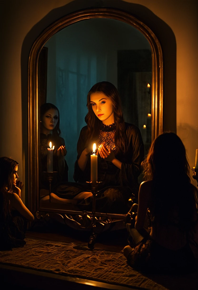 Beautiful girl sitting in front of a mirror, flanked by two candles, Cast Shadow, mysticism, spiritistic séances, horror, divination