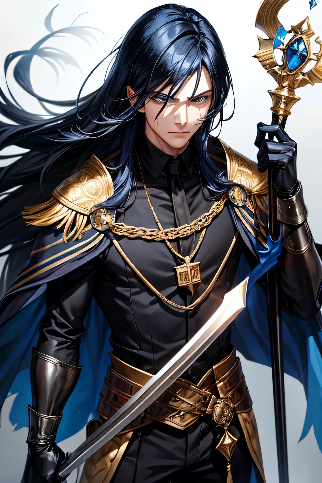 Blue and black hair，Long hair，male，Medieval Black Suit，Blue Eyes，Black Gloves，Scepter