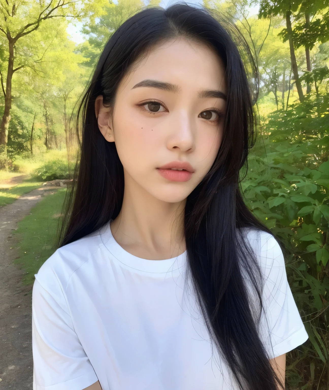((Highest quality, 8k, masterpiece :1.3)), whole body, Sharp focus :1.2, A girl with a skinny figure :1.4, ((Black Hair), Highly detailed face and skin texture, Detailed eyes, Young face,No makeup,Suehiro double eyelids,Blind eyelashes,Moderately slanted eyes,Wide-set eyes,The eyebrows are parallel,Nose is in front&Viewed from the side, straight(The nose does not have to be small),Thick nose,Lighter under-eye bags,thick lower lip,Natural complexion,Age: Around ,Small breasts, Morning forest scene ,Wear, White T-shirt, A blank look, Soft Light, far and near method, View from the outside,