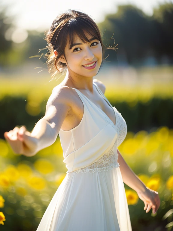 (masterpiece, best quality), outstanding details, ultra-high resolution,
anatomically correct, wide shot, atmospheric perspective,
1 Japanese woman, 30 years old, cute face,
cowboy shot, (Walking pose), (holding a sunflower, reaching out),
(Plump:1.2, small breasts),
Happy smile, Mouth slightly open, looking at viewer, animated expression,
round face, tareme, Downturned Eyes, pupils sparkling, small nose, thin lips, thin eyebrows,
brown hair, low ponytail, short hair, swept bangs,
(wearing a shoulderless white elegance dress, The material of the dress is thin, transparent, and smooth),
(background: Serene riverside with blossoming wildflowers at the forest)
depth of field, backlighting, cinematic lighting, reflection light, dreamy atmosphere,