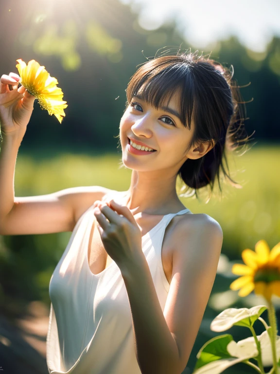 (masterpiece, best quality), outstanding details, ultra-high resolution, 
anatomically correct, wide shot, atmospheric perspective,

1 Japanese woman, 30 years old, cute face, 

cowboy shot, (Walking pose), (holding a sunflower, reaching out), 

(Plump:1.2, small breasts), 

Happy smile, Mouth slightly open, looking at viewer, animated expression, 

round face, tareme, Downturned Eyes, pupils sparkling, small nose, thin lips, thin eyebrows, 

brown hair, low ponytail, short hair, swept bangs,

(wearing a shoulderless white elegance dress, The material of the dress is thin, transparent, and smooth), 

(background: Serene riverside with blossoming wildflowers at the forest)
depth of field, backlighting, cinematic lighting, reflection light, dreamy atmosphere, 