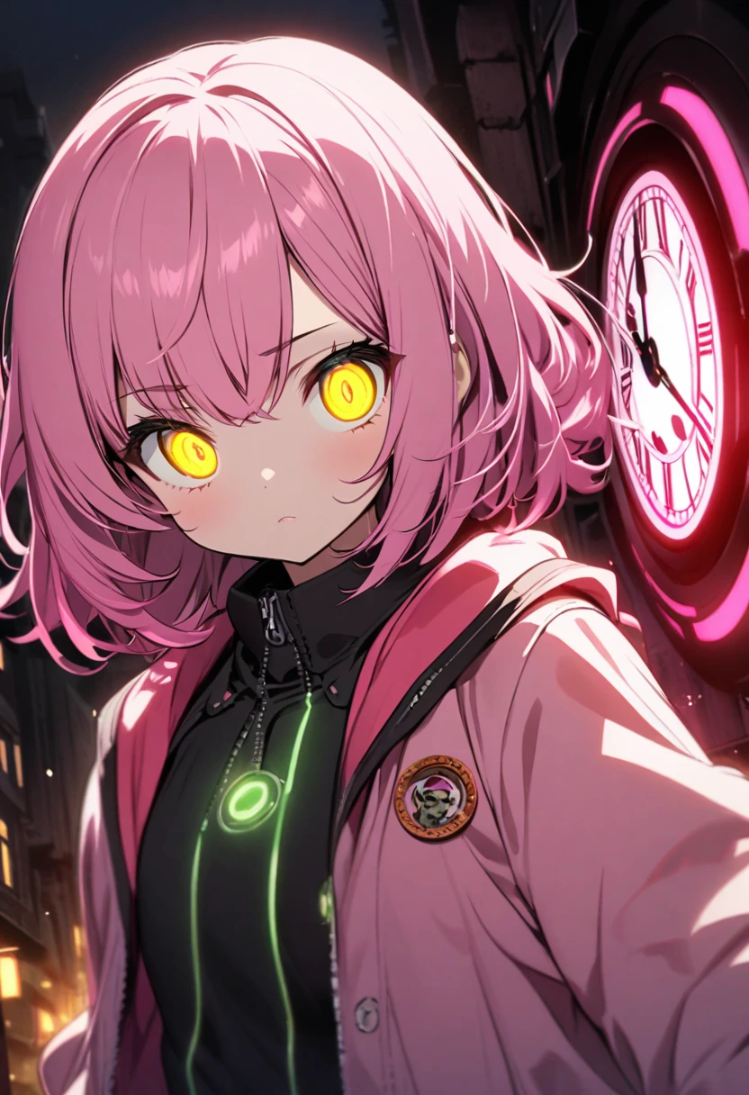 girl, cute, pink hair, medium hair, glowing eyes, two color eyes, one pink eye, one yellow eye, clock