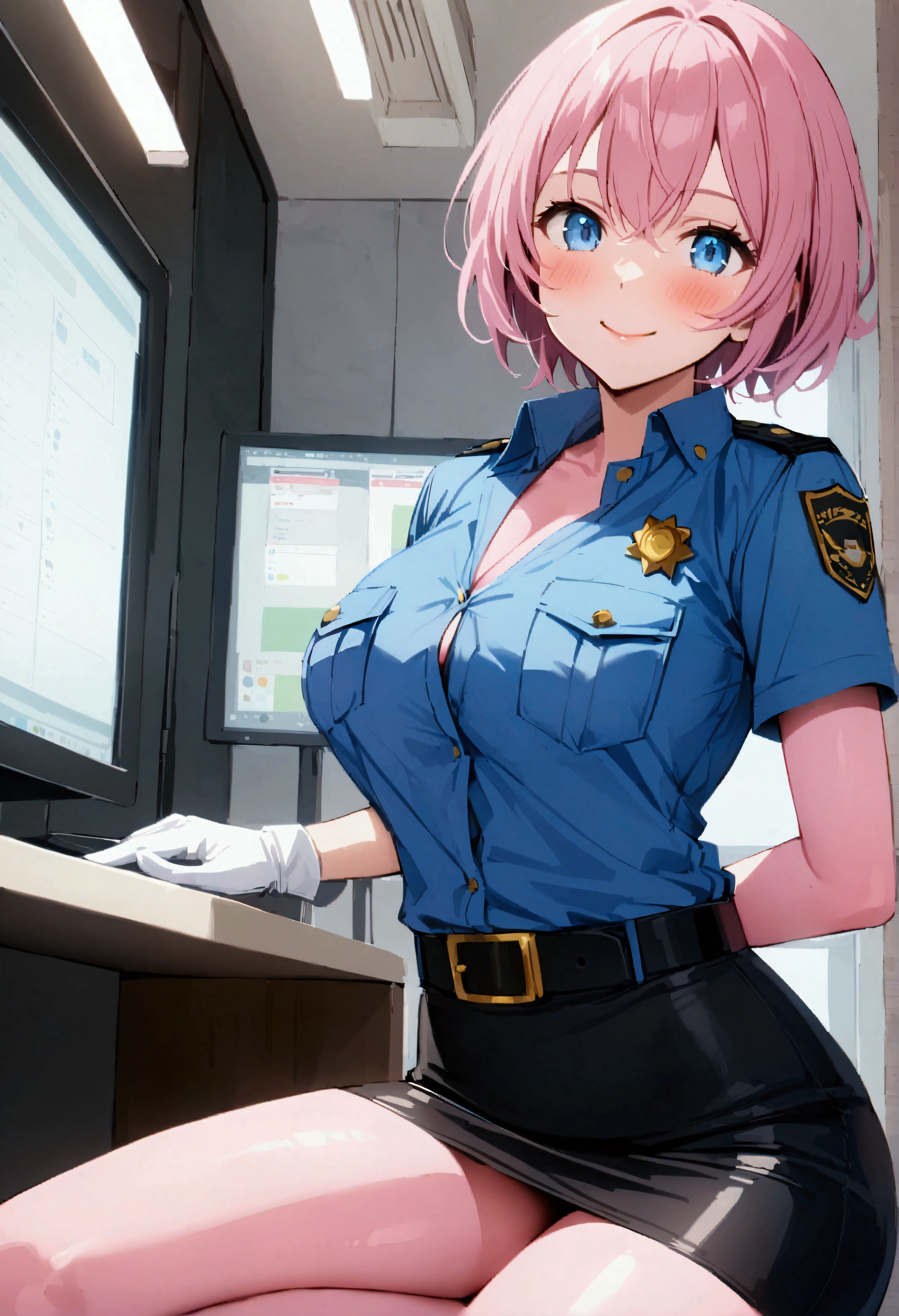 score_9、score_8_up、score_7_up、source_アニメ、1 person、solo、Mina Ashid、short hair、blue eyes、Large Breasts、Pink Hair、Pink Skin、Female police officer、Police uniform、Collared shirt、Blue Shirt、indoor、office、Pencil Skirt、belt、beltポーチ、White gloveachine、monitor、smile