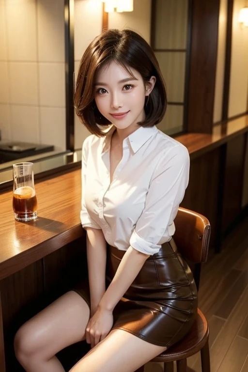 Japanese Beauty、Office Lady、Tight Skirt、32 years old、Attractive proportions、Seduction with a smile、Medium bob brown hair、Looking up、Functional、approach、Bar counter、indirect lighting、Night view from the top floor、Sit next to each other and drink whiskey、Woo users