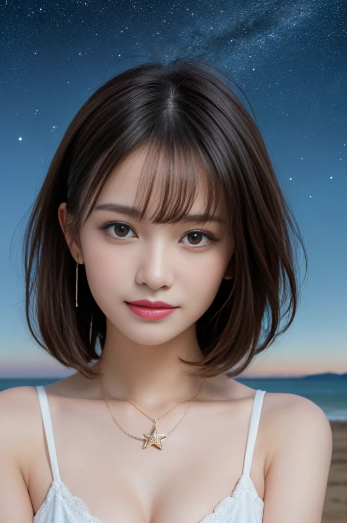 (Highest quality、High resolution、masterpiece:1.3)、Tall and pretty woman、Big ample breasts、Dark brown hair,Scattered wavy、Medium Breast、Wear a pendant、abdomen、Short pants、(Background coast)、Exquisite expression of facial and skin texture details、Detailed eyes、double eyelid、A light smile、Upper Body、Short fine hair、Starry Sky、Put your arms behind your head、Saggy eyes、