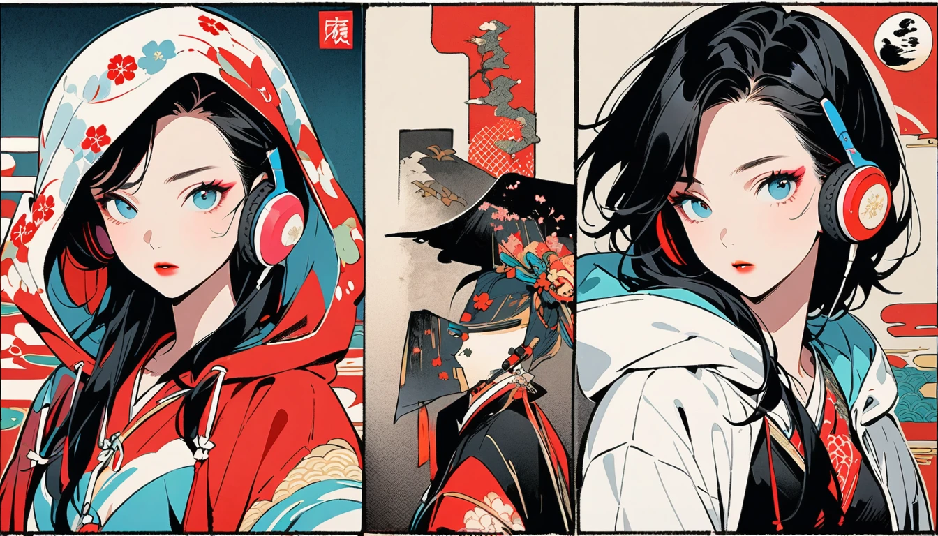 (((Ink Painting))), Fashion portrait color photos, (((1 girl))), (((Flashy makeup))), (((Japanese style headphones))), (((Japanese pattern hoodie))), (((Put on the hood))), Japan人の美少女, Black Hair, Delicate and precise, Modern ukiyo-e style,Japan, Japanese flag, red and blue neon