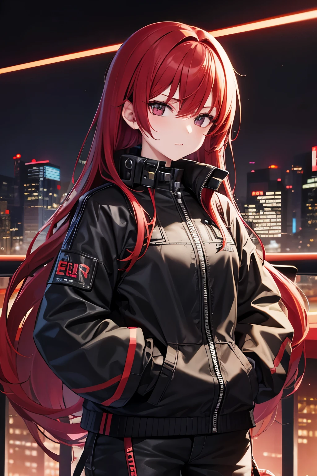 tech wear, girl, red hair, black eyes armory, cyberpunk background