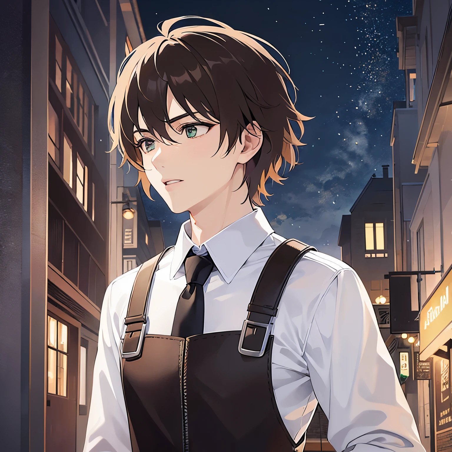 BREAK (25-year-old male:1.5) and (Mahogany brown short hair) and (Green Eyes：1.5)
 BREAK (white collared  long shirt) 、apron、(looking away:1.5),upper body、open hands,Looking down、
masterpiece、Highest quality、
confused、open mouth,The background is a back alley at night、（Night Sky：1.5）、alone、Upper body is shown