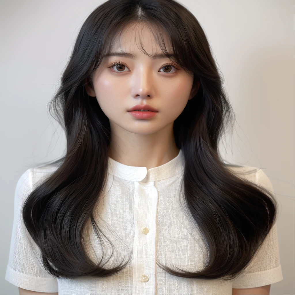 Best Quality, 8k, Masterpiece, (Portrait: 1.3), (photo realistic:1.4), (hyper realistic:1.4), Sharp Focus, looking at viewer, (smoother lighting:1.1), (increase cinematic lighting quality:0.9), realistic lighting, backlighting, light on face, ray trace, (brightening light:1.2), (Increase quality:1.4), sharp detail, (best quality real texture skin:1.4), finely detailed eyes, black_eyes, finely detailed face, 25 year old Korean woman, (white formal_shirt:1.4), (Create an image maintaining the original base model hairstyle:1.5)