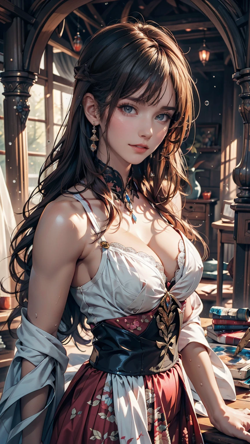 A painting of a woman in a dress blowing bubbles, Reusch and Wow, Mysterious Bubbles, Moebius + Reusch + Wow, Dreamy details, intricate Wow, A close-up fantasy using the magic of water, fairy tale artwork, Fairy tale painting, Anna Dittmann style, Wow art, Realistic fantasy painting, Artgerm Julie Bell Beeple
