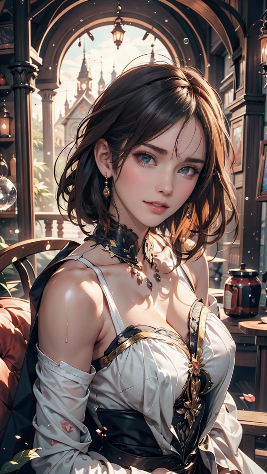 A painting of a woman in a dress blowing bubbles, Reusch and Wow, Mysterious Bubbles, Moebius + Reusch + Wow, Dreamy details, intricate Wow, A close-up fantasy using the magic of water, fairy tale artwork, Fairy tale painting, Anna Dittmann style, Wow art, Realistic fantasy painting, Artgerm Julie Bell Beeple
