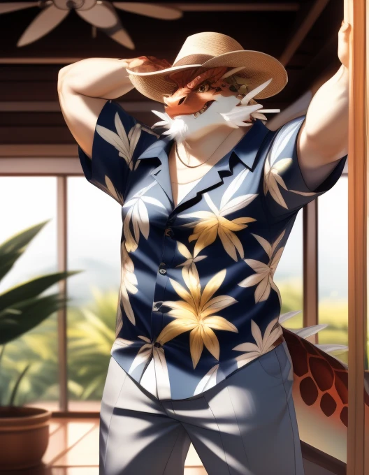 (((detailed eyes, detailed face))), (only, itzamna facial hair, dragon tail), male, (Plump, Strong body,A little chubby,Erect crotch), (White Hawaiian clothing, Printed shirt, Short sleeve, Grey Pants), They are there to greet me., (With open arms), Smile Break (Konzaburo, In the neck_later, cute),entrance, 8k, Ultra-high resolution, masterpiece