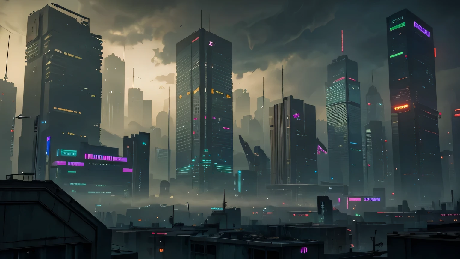 cyberpunk city, scene, ash, detailed cityscape, futuristic metropolis, neon lights, towering skyscrapers, abandoned buildings, hazy atmosphere, post-apocalyptic environment, gritty urban decay, moody lighting, cinematic composition, volumetric fog, cool color palette, dramatic shadows, ruined infrastructure, crumbling walls, scattered debris, mechanical elements, dystopian society, (best quality,4k,8k,highres,masterpiece:1.2),ultra-detailed,(realistic,photorealistic,photo-realistic:1.37)