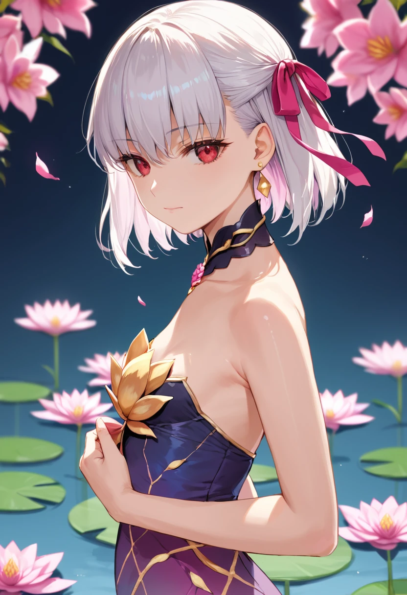 score_9,score_8_up,score_7_up,source_anime,cowboy shot, Idealized Forms,Natural Light,details background,blurry background,extremely detailed,1girl,1girl,kama (fate),red eyes,white hair,earrings,short hair,ribbon,hair ribbon,small breasts,flower,looking at viewer, lotus, holding, gradient background, gradient, closed mouth, pink flower