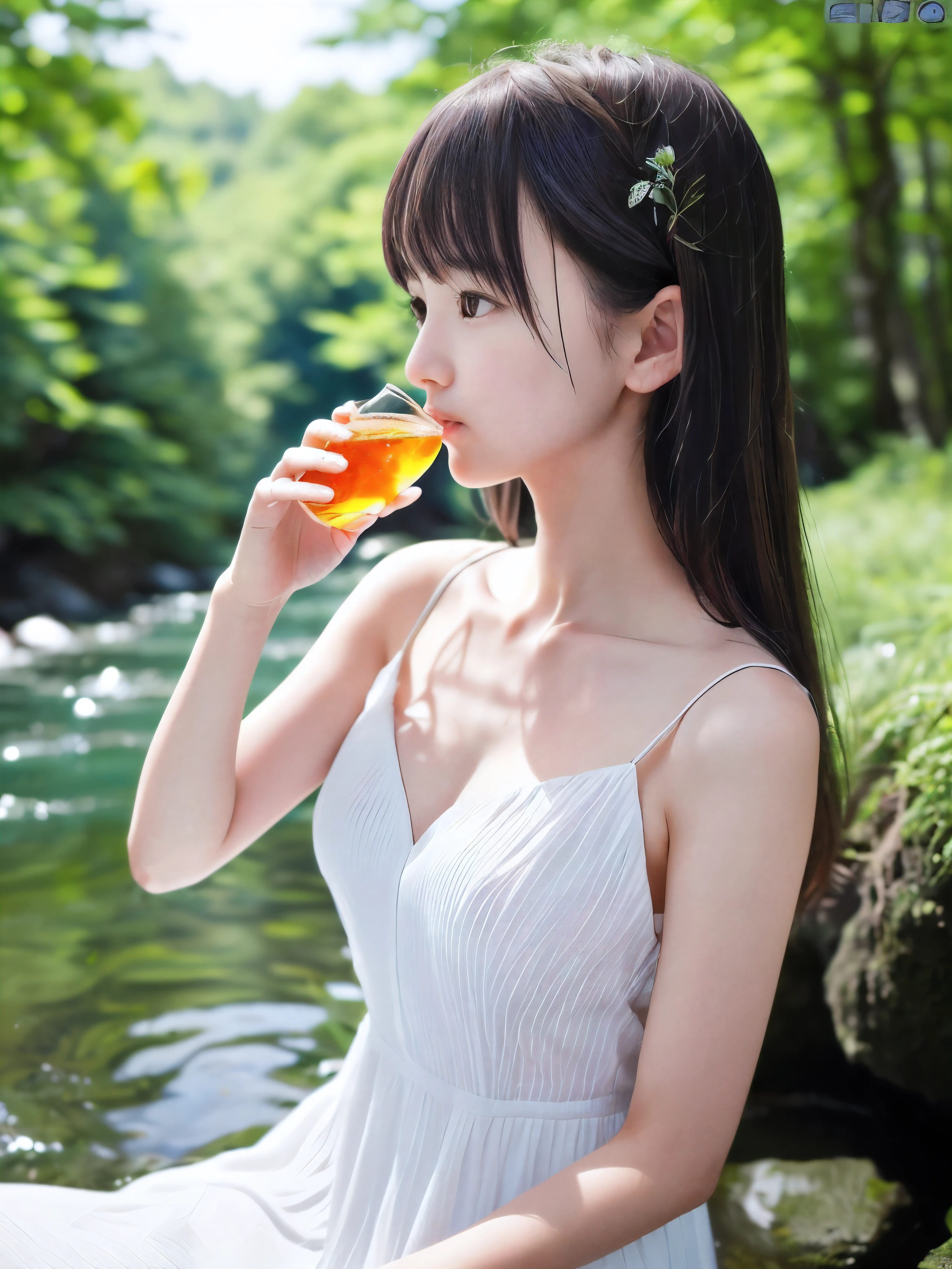 (Close up portrait of slender small-breasted half up brown long hair with bangs girl wearing a white summer dress:1.5)、(One girl is drinking a tea from the PET bottle in the clear stream and water fall at the forest in Japan:1.5)、(Summer beautiful blue sky and forest:1.5)、(blurred background:1.5)、(8k ultra detailed master piece:1.5)、(perfect anatomy:1.5)、(Photorealistic stick:1.5)、(Raw photo:1.3)、(highest quality:1.5)、(High resolution:1.3)、(Delicate and beautiful perfect face:1.3)、(Delicate and beautiful eye air skin:1.3)、(Real Human Skin:1.3)、((thin legs))