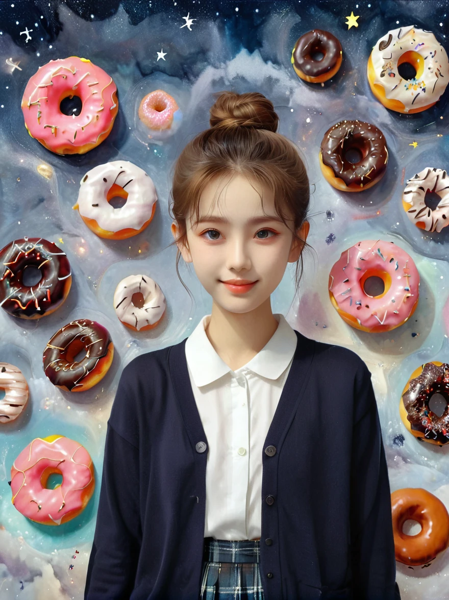 (masutepiece，Digital art，Digital illustration，8k，Super Fine，Beautiful images，Clear images，Photorealism，original photo，Perfect face，Perfect lines，Perfect eyes，Soft Lighting)，1girl,（Light brown hair，High bun，Innocent expression，drooped eyebrows，droopy eyebrows，Droopy eyes，Cute big eyes，Natural makeup，Friendly smile，Rounded chin，Petite female:1.3)，1boy，(Men wear，muscular，Broad and strong shoulders，Adult male，Boyish Hairstyle，British gentleman style，Cool Boy、A man with a big smile：1.2），(nervous，shy，sleepy，Awkward:1.2)，Innocent smile，(Awkward，shy的微笑:1.1)，充满灯光的Donut店，Donut，各种Donut，Uniforms，suit，Black plaid pleated skirt，Loose cardigan，Female high school student，(吃Donut:1.9)，Couple，(microorganism，plant，Marine life，Exquisite eyes，Starry Sky，Stitching together an abstract painting，Describing the inner world of autistic people，Sense of space，White Space，interesting，Innocence，Psychedelic Art)