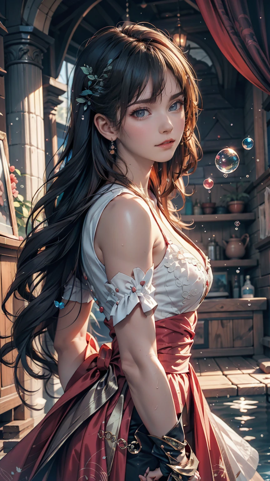 A painting of a woman in a dress blowing bubbles, Reusch and Wow, Mysterious Bubbles, Moebius + Reusch + Wow, Dreamy details, intricate Wow, A close-up fantasy using the magic of water, fairy tale artwork, Fairy tale painting, Anna Dittmann style, Wow art, Realistic fantasy painting, Artgerm Julie Bell Beeple