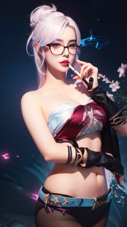 Beautiful girl there is a woman with glasses and a top on holding a cigarette, samira from league of legends, , alluring mesmer woman, detailed art, artwork in the style of guweiz,