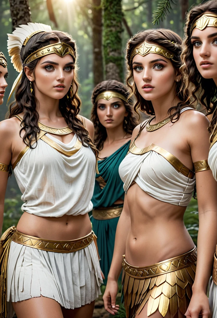 beautiful detailed eyes, beautiful detailed lips, extremely detailed eyes and face, longeyelashes, 5 girls looking flirty to camera, ancient greek warrior, durchtrainierte Bauchmuskeln, women in togas, diferent Hair Collor and styles, forest background, sandals, sexy, (best quality,4k,8k,highres,masterpiece:1.2),ultra-detailed,(realistic,photorealistic,photo-realistic:1.37), concept art, dramatic lighting, vibrant colors, cinematic