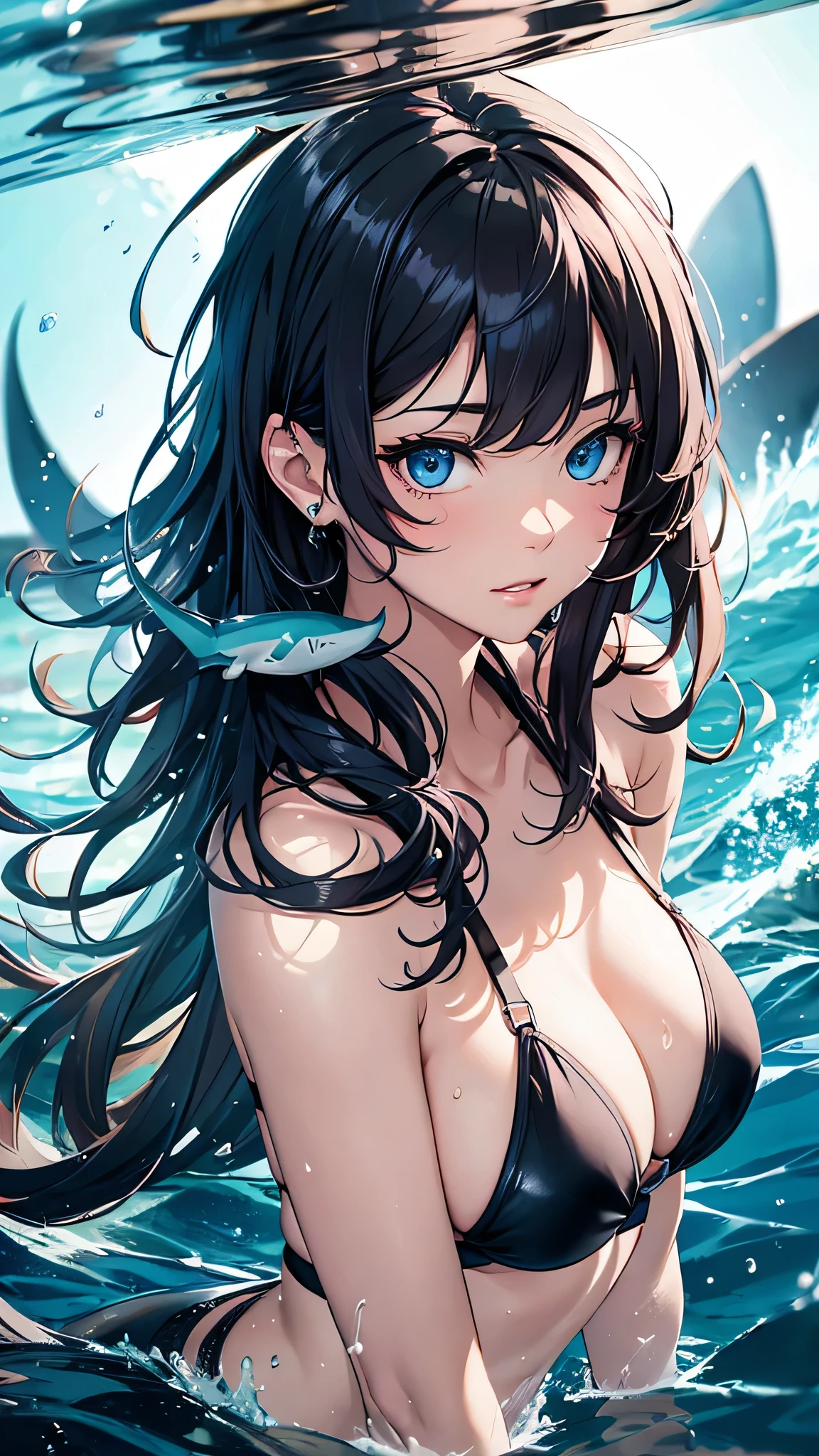 最high quality、Best image quality、masterpiece、With a girl((cute、、Best Bust、Medium Bust、Beautiful Blue Eyes、Spread your chest wide,Black Hair、Disheveled Hair、thin、Highest Valley、Black Bikini(1:2)、My whole body is wet、swim、Sea Floating))high quality、Beautiful art、background((Sea、deep sea、shark)),Tabletop、Exquisite design、Visual Arts、Written boundary depth、Best lighting、Highest detail、8k